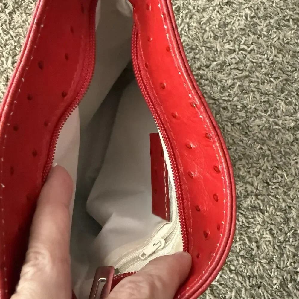 Red Ostrich Leather Crossbody‎ Bag Textured Small Shoulder Purse Zip Top Pocket